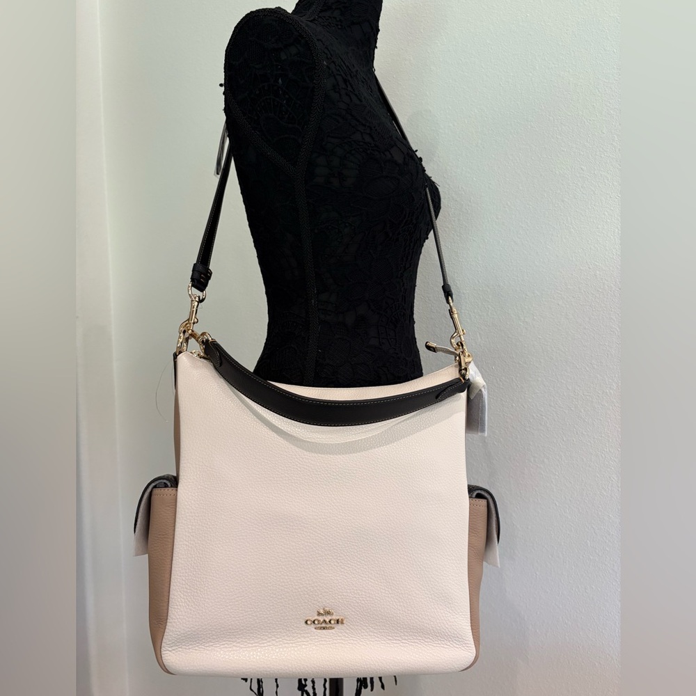 Coach Leather Colorblock Hobo Crossbody Bag Cream Beige Black Gold Hardware